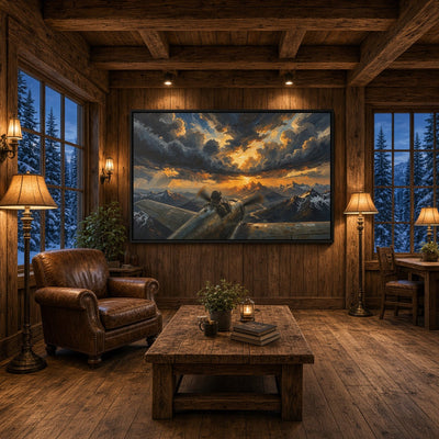 Framed vintage plane canvas artwork with cloudy sky over rocky mountains