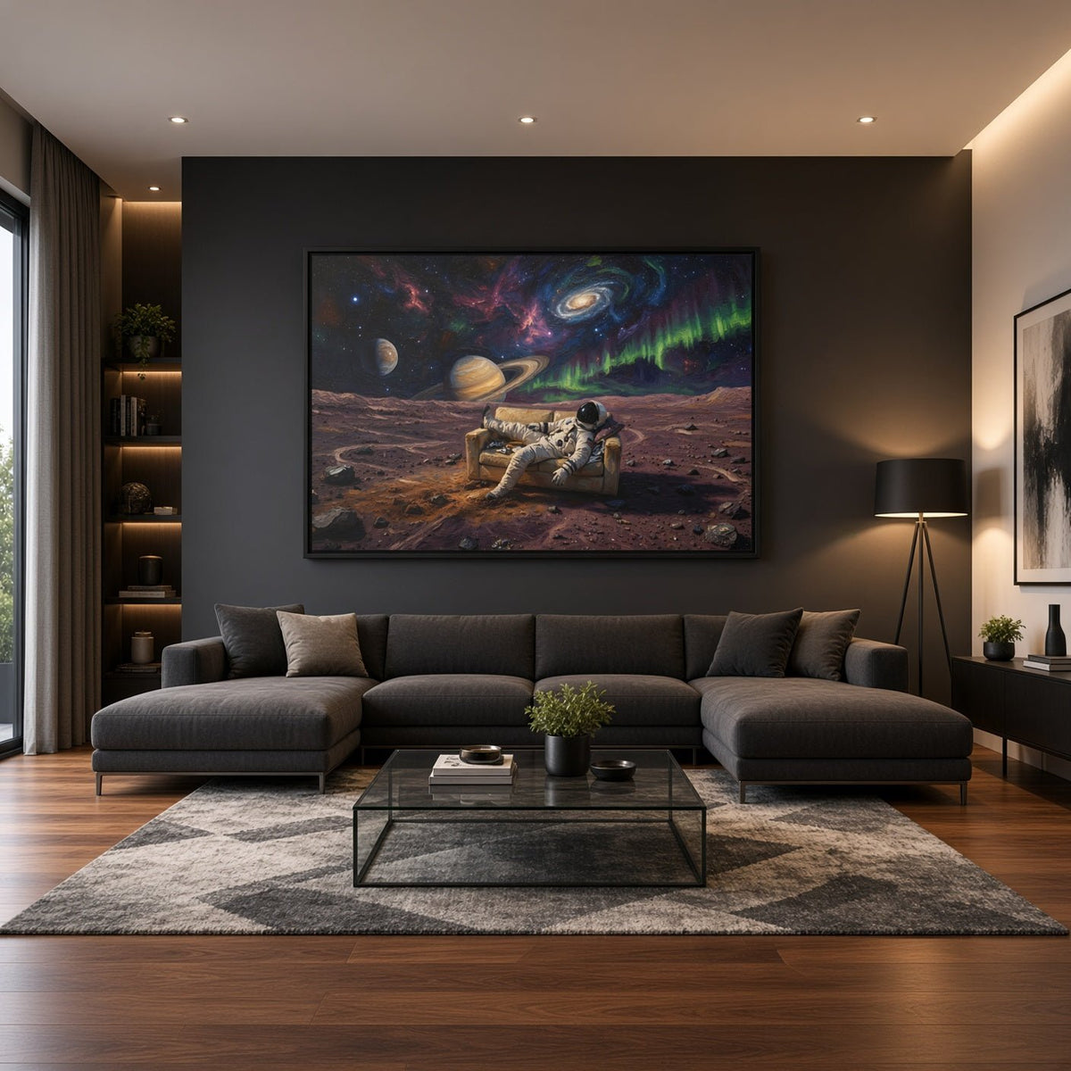 Framed space canvas featuring an astronaut on alien terrain with colorful planets