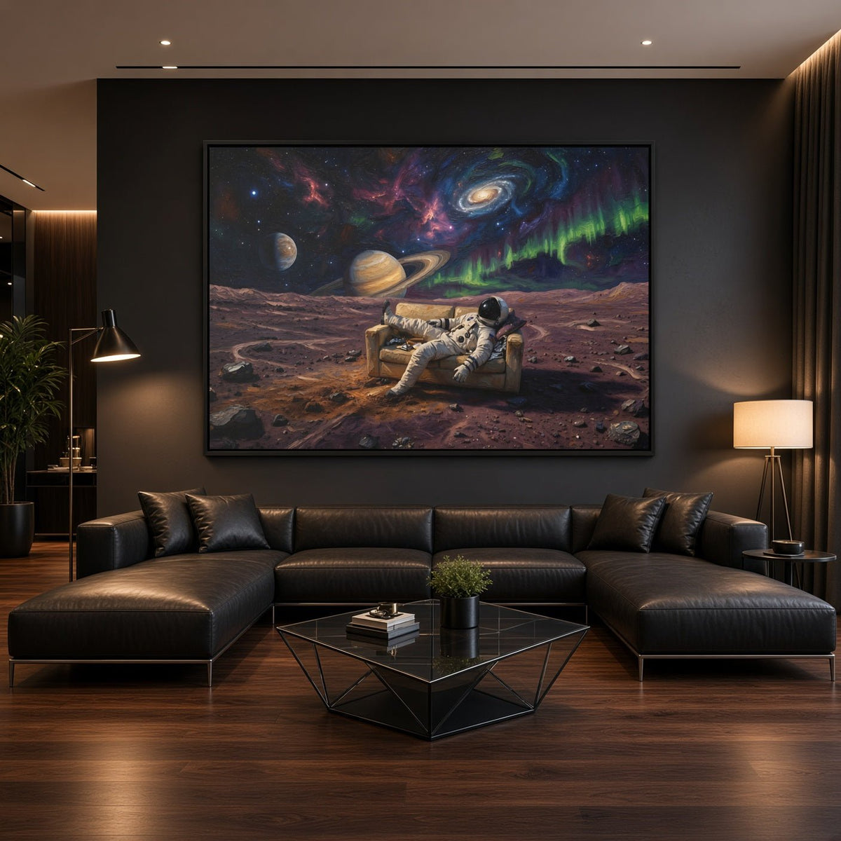 Framed space canvas with astronaut scene under vivid nebula and orbiting planets