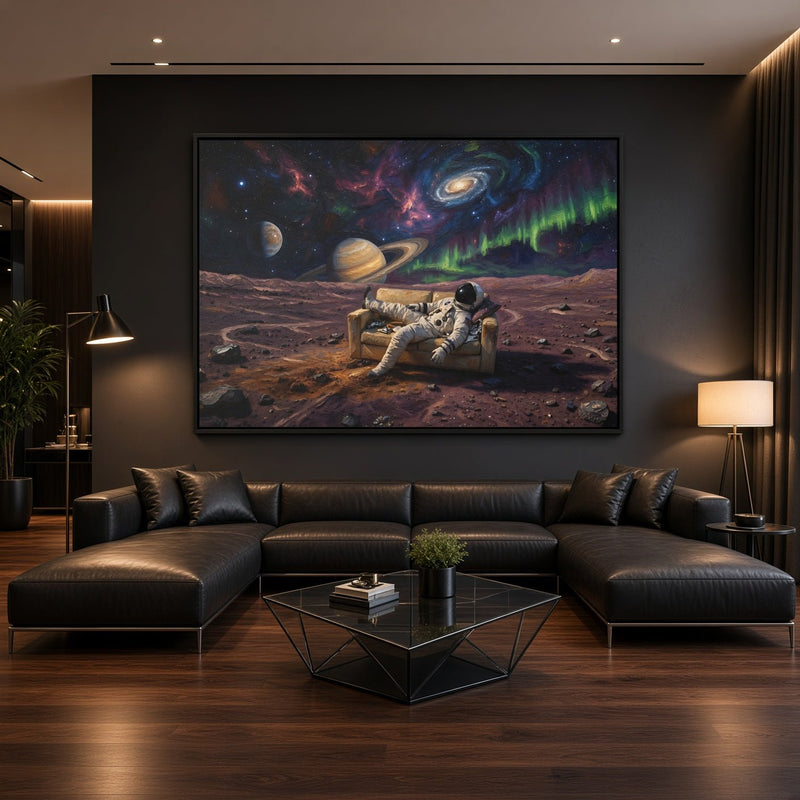 Framed space canvas with astronaut scene under vivid nebula and orbiting planets