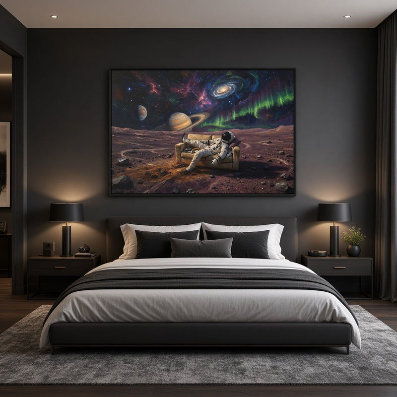 Framed space canvas showing an astronaut on alien ground with planets and nebula