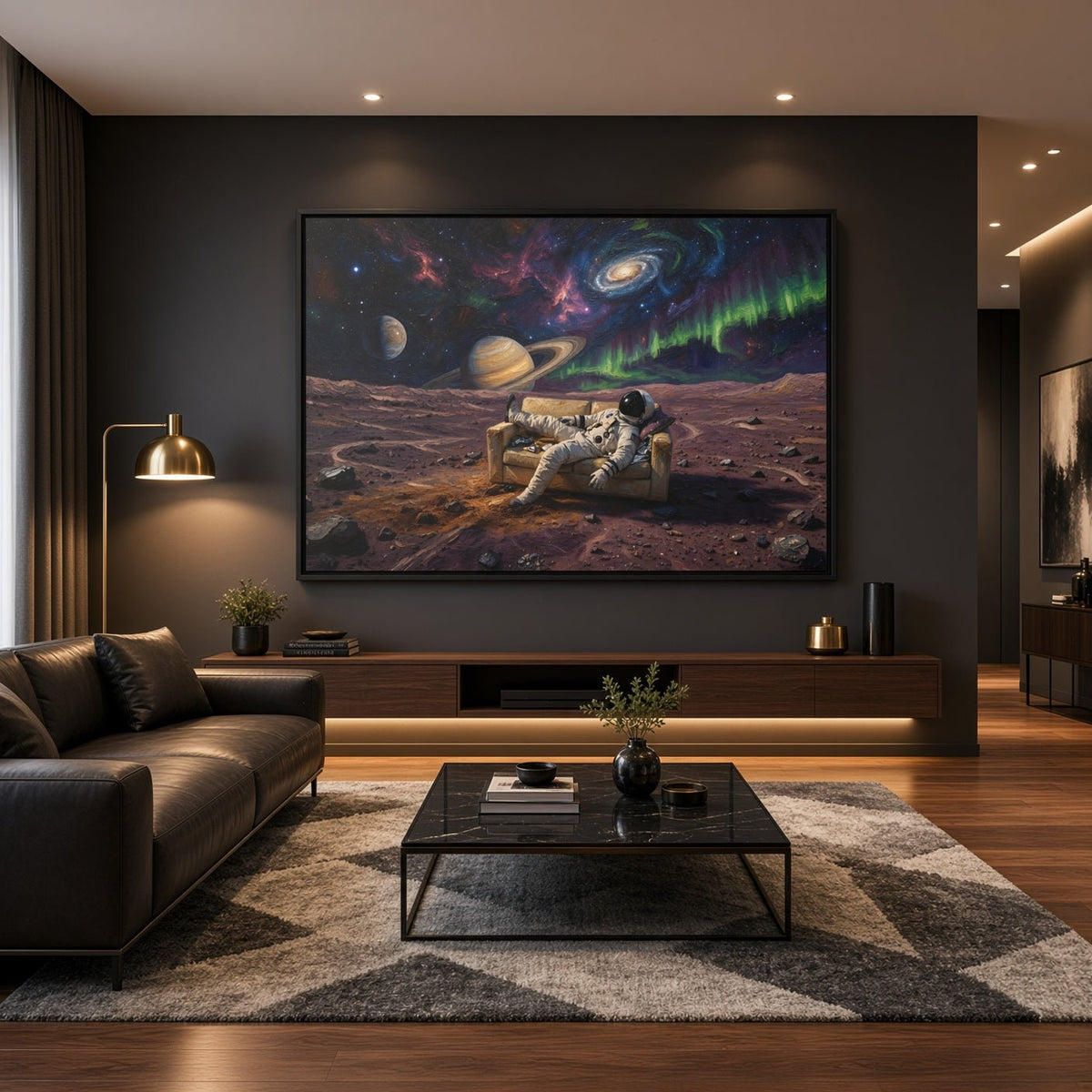 Black framed space canvas with astronaut on rover, glowing nebula and planets