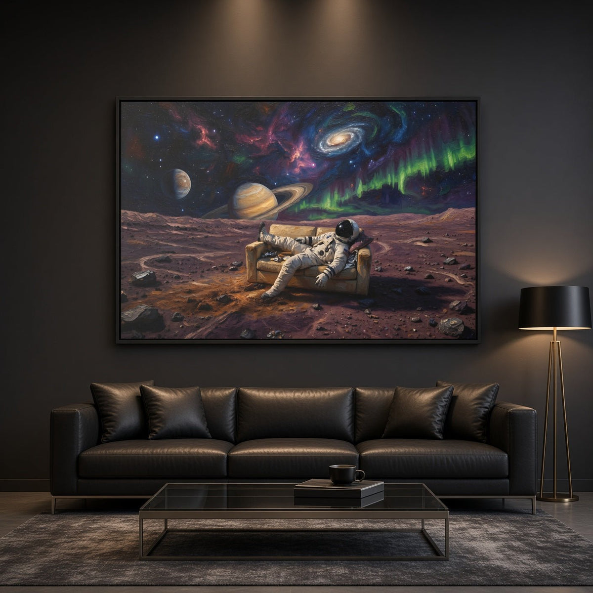 Black framed canvas: astronaut on rover under colorful nebula and orbiting planets
