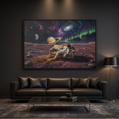 Black framed canvas: astronaut on rover under colorful nebula and orbiting planets