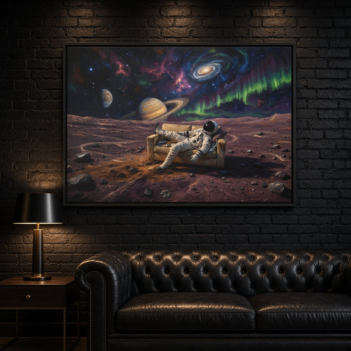 Black framed space canvas with astronaut on rover and bright nebula in the sky
