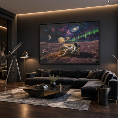 Black framed space artwork showing astronaut on rover in alien terrain with planets