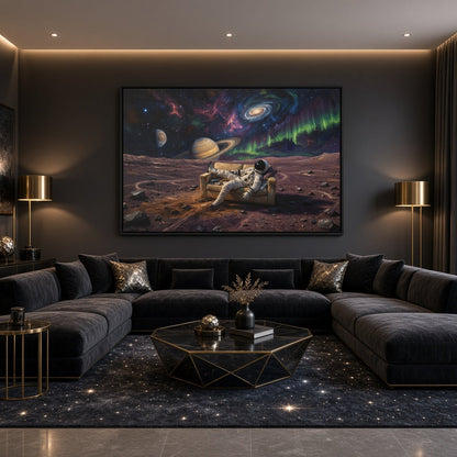 Black framed space canvas with astronaut on rover, colorful nebula and planets