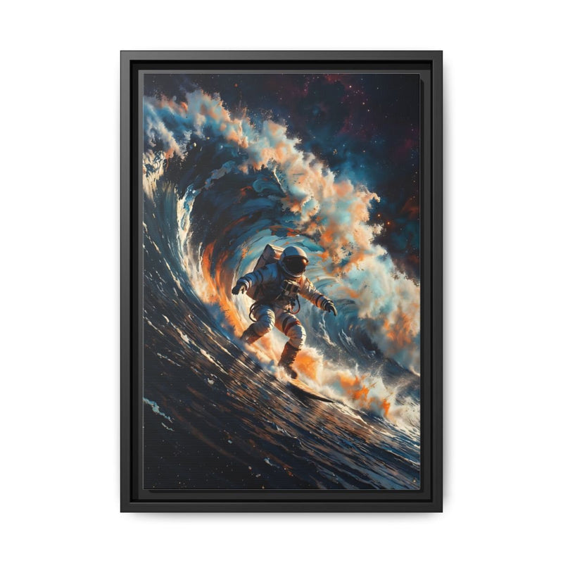 Framed matte canvas wall art showing an astronaut surfing a wave in blue and orange tones