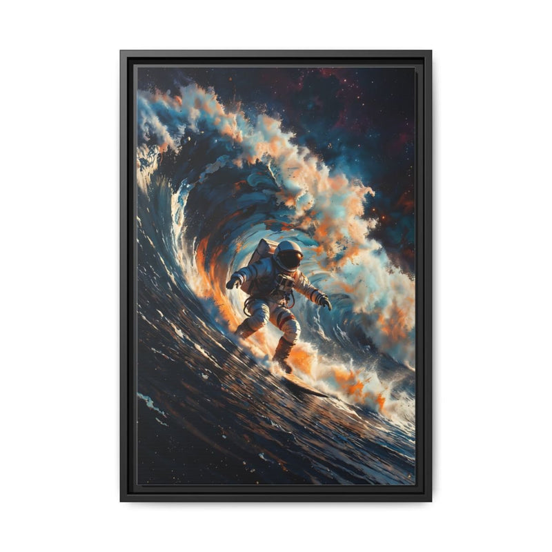 Framed matte canvas wall art of an astronaut surfing a cosmic wave, black frame