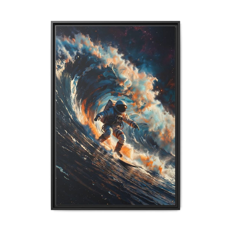 Framed matte canvas wall art of an astronaut surfing through a starry cosmic wave, black frame