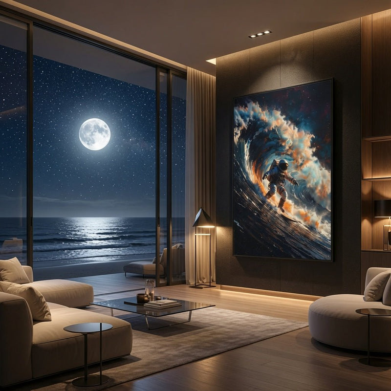 Framed matte canvas wall art of an astronaut surfing a cosmic wave, black frame