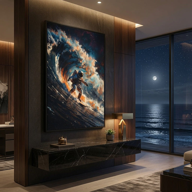 Framed matte canvas wall art with an astronaut surfing through swirling blue smoke, black frame
