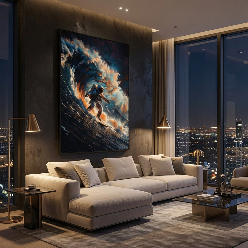 Framed matte canvas wall art of an astronaut surfing a cosmic wave, black frame