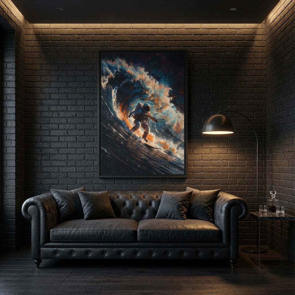 Cosmic Wave Surf - Astronaut Cosmic Wave Matte Canvas Framed