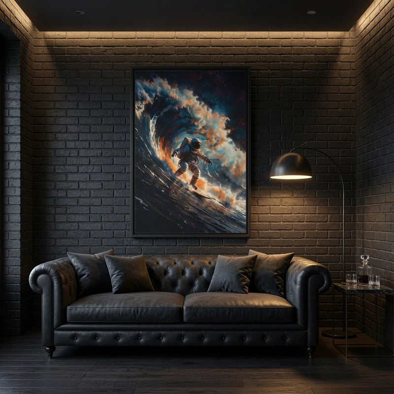 Framed matte canvas wall art featuring an astronaut on a surfboard, black frame