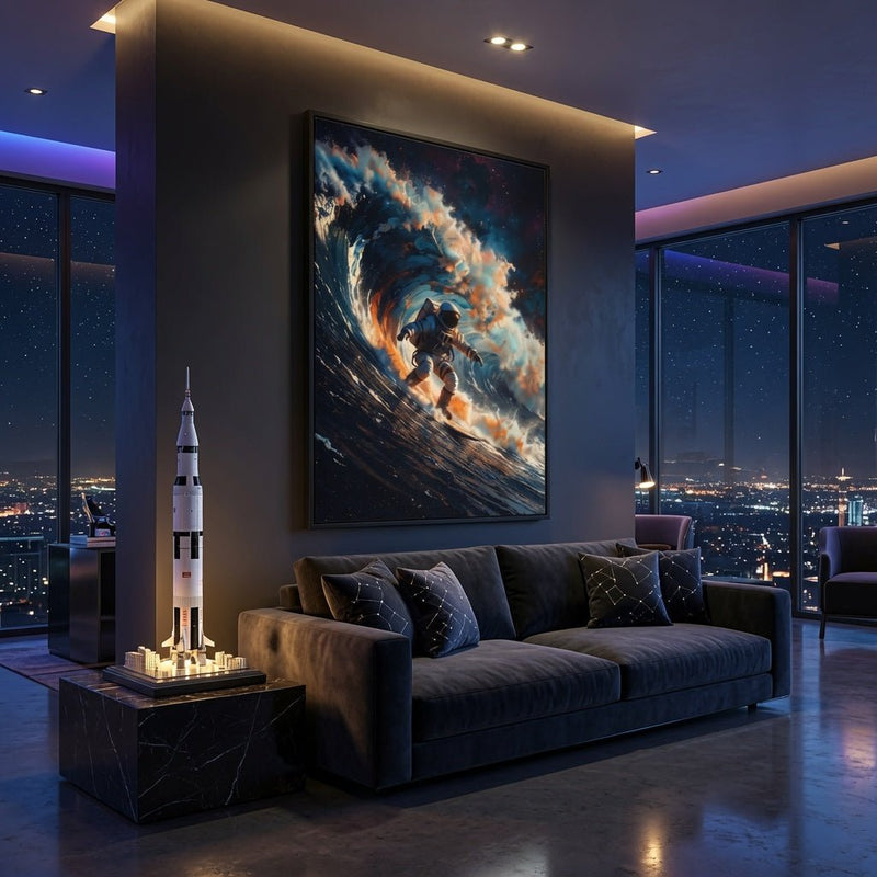 Framed matte canvas wall art of an astronaut surfing in a fiery blue wave, black frame