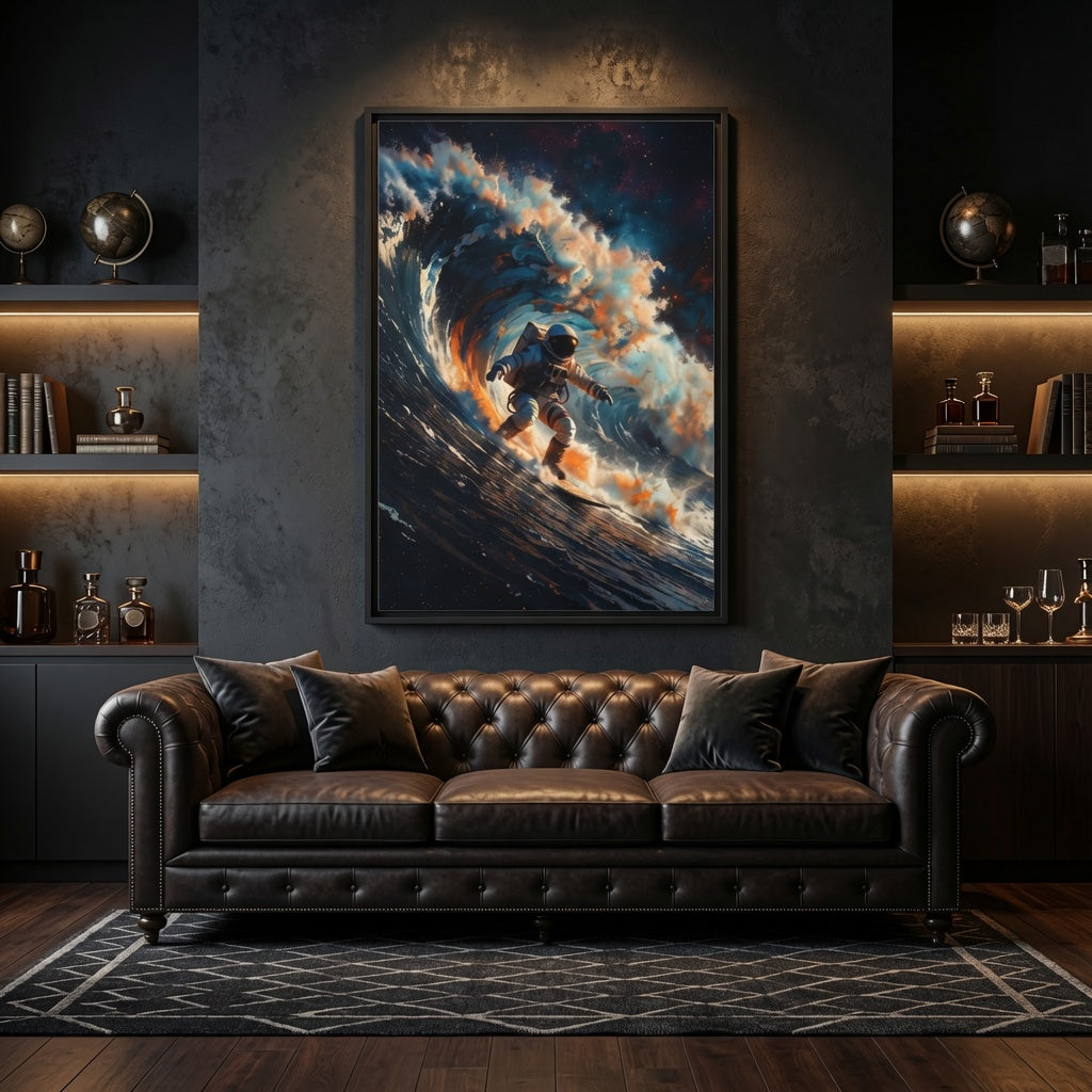 Cosmic Wave Surf - Astronaut Cosmic Wave Matte Canvas Framed