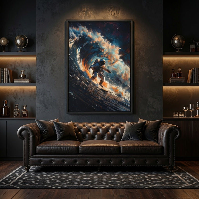 Framed matte canvas wall art of an astronaut surfing a cosmic wave, black frame