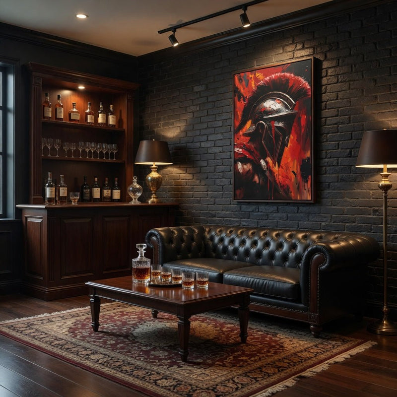 Framed canvas wall art with Spartan warrior helmet illustration, black frame and red paint splashes