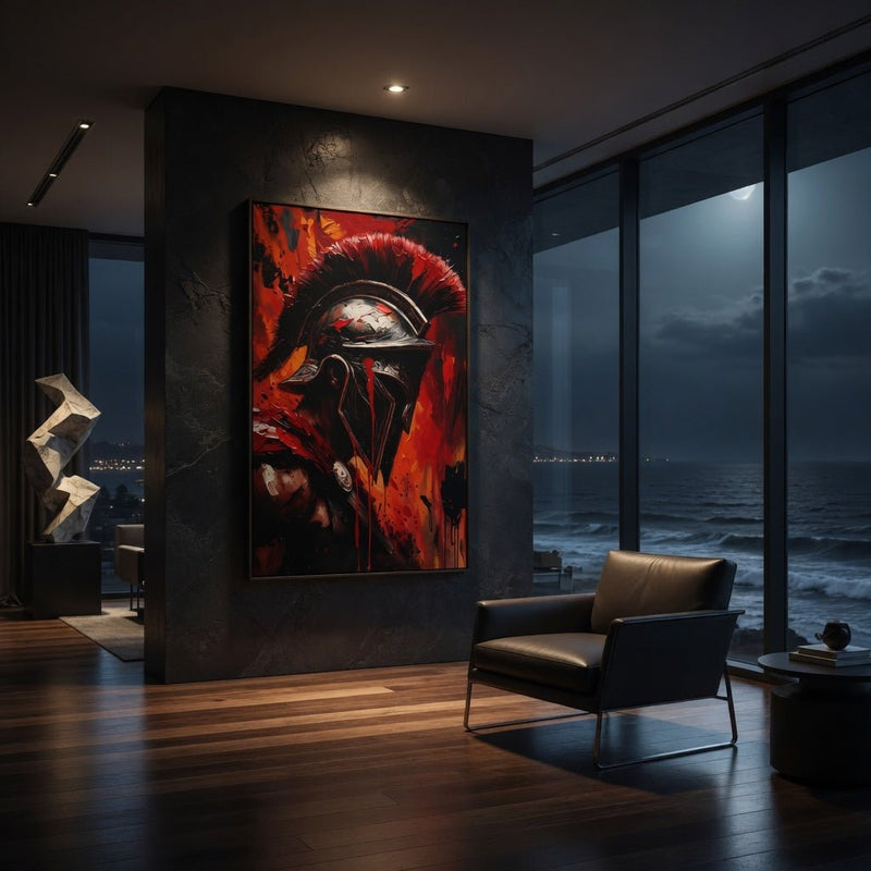 Framed canvas wall art with Spartan warrior helmet graphic, black frame and red-orange burst
