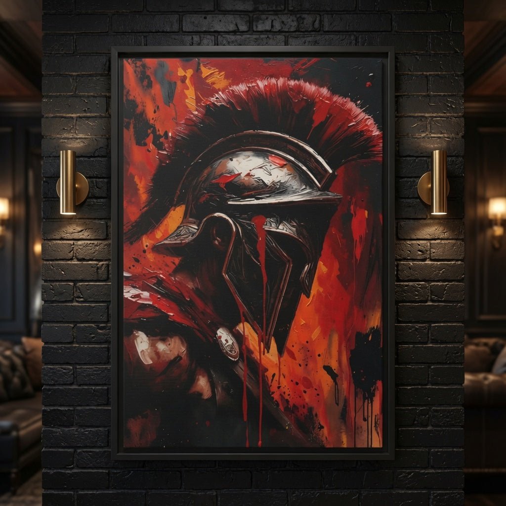 Framed canvas wall art close-up: Spartan warrior helmet graphic, black frame with red splashes