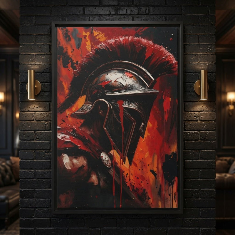 Framed canvas wall art close-up: Spartan warrior helmet graphic, black frame with red splashes