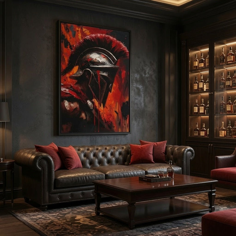 Framed matte canvas wall art with Spartan warrior helmet in red and black