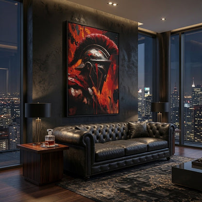 Square framed matte canvas featuring Spartan warrior helmet artwork with red accents