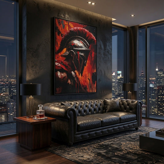 Square framed matte canvas featuring Spartan warrior helmet artwork with red accents