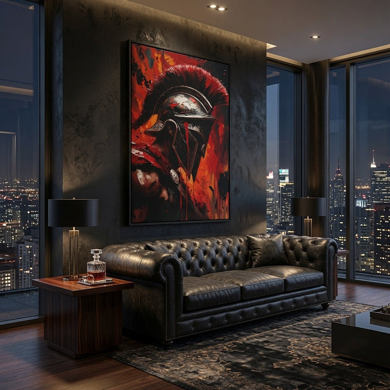 Square framed matte canvas featuring Spartan warrior helmet artwork with red accents
