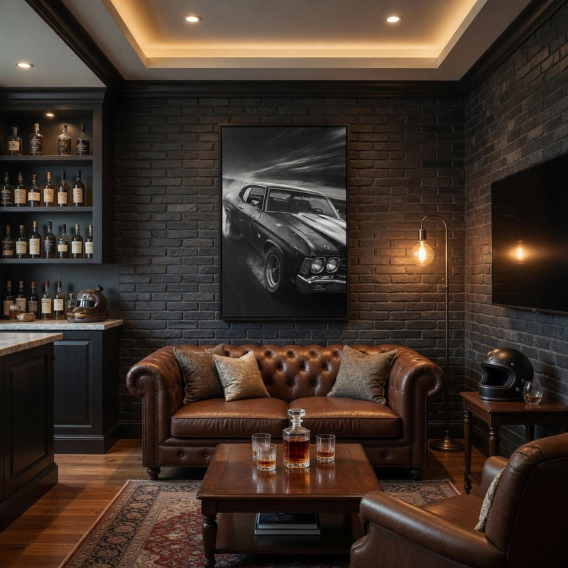 Black-framed canvas print of a classic muscle car in grayscale, vertical wall-mount