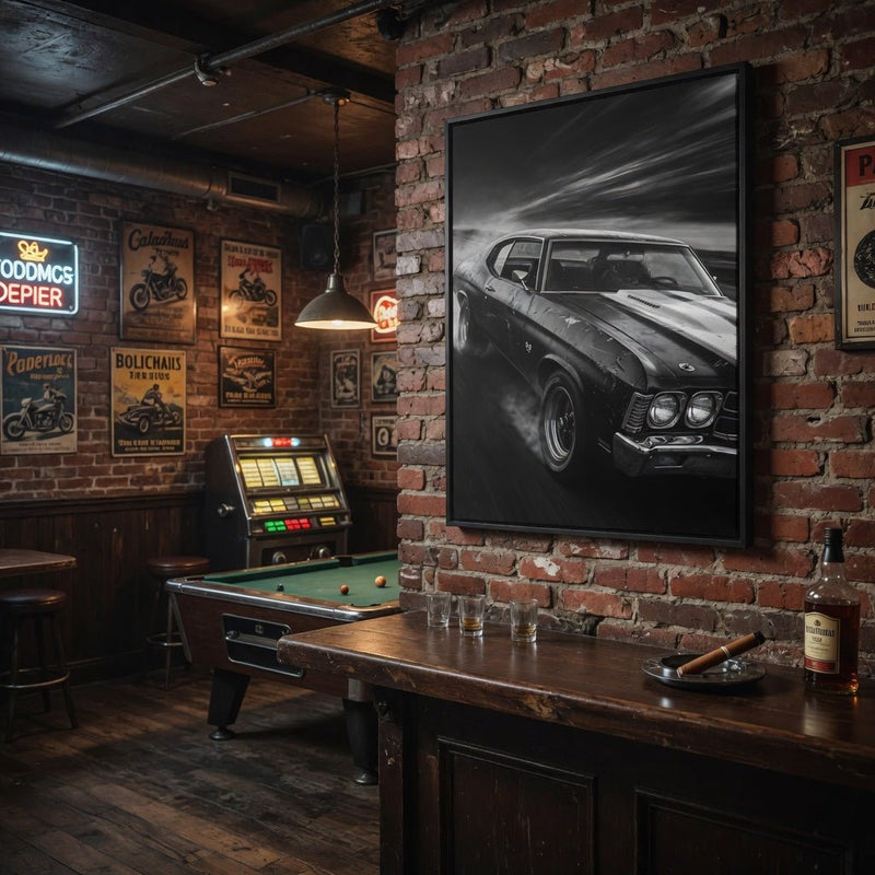 Black-framed canvas print of a classic muscle car in grayscale, close-up of front