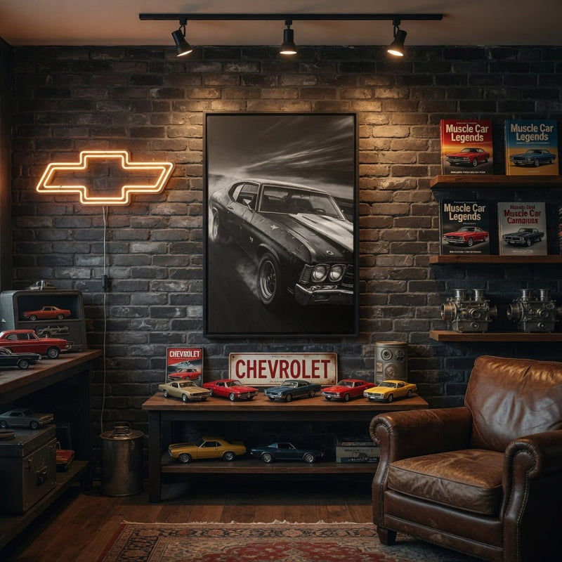 Black-framed canvas print of a classic muscle car in grayscale, full vertical display
