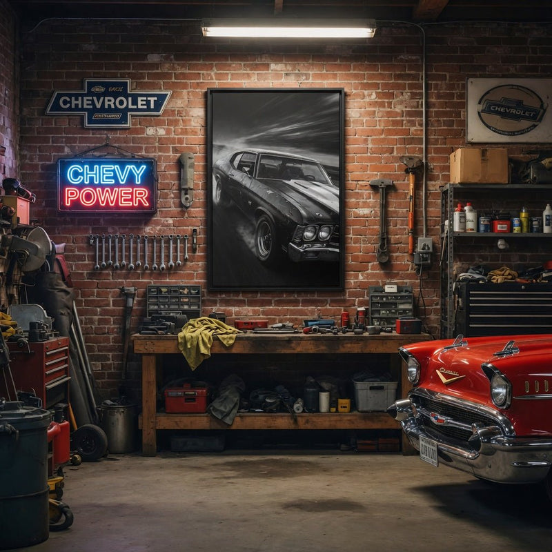 Black-framed canvas print featuring a classic muscle car front in grayscale, headlights