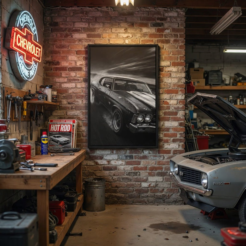 Black-framed canvas print of a classic muscle car in grayscale, front 3/4 view