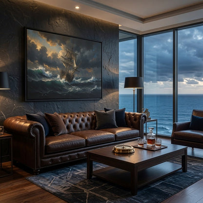 Black-framed framed matte canvas wall art with tall ship in choppy sea and storm clouds