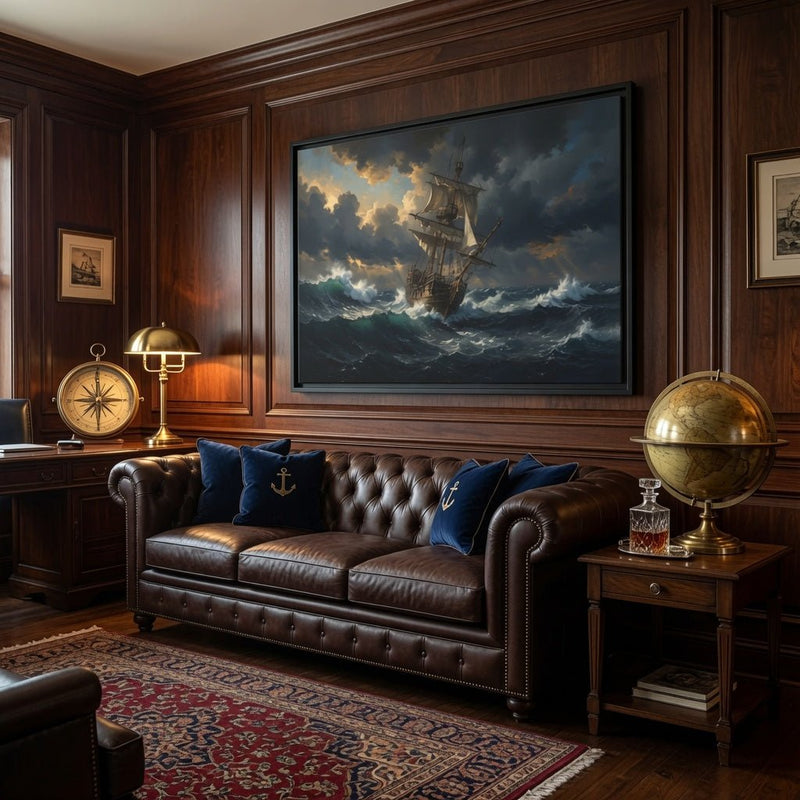 Black-framed stormy ocean ship wall art canvas, full ship sailing through dark waves