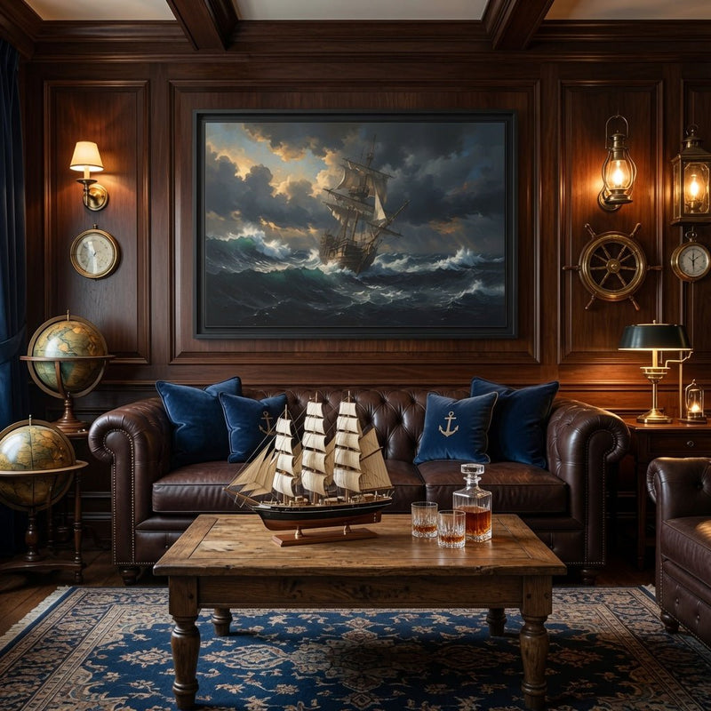 Black-framed stormy sea ship wall art canvas, sailboat on turbulent waves under sunset light
