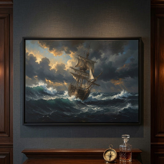 Black-framed matte canvas wall art featuring a sailing ship in stormy seas and cloudy sky