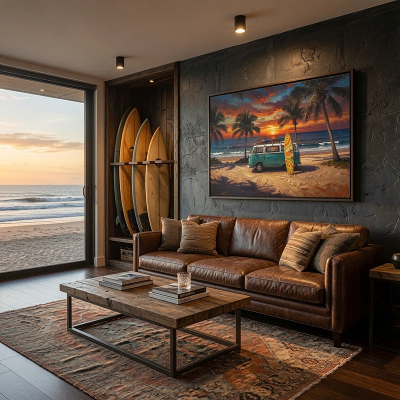 Framed beach canvas print showing teal van, surfboard, and tropical sunset scene