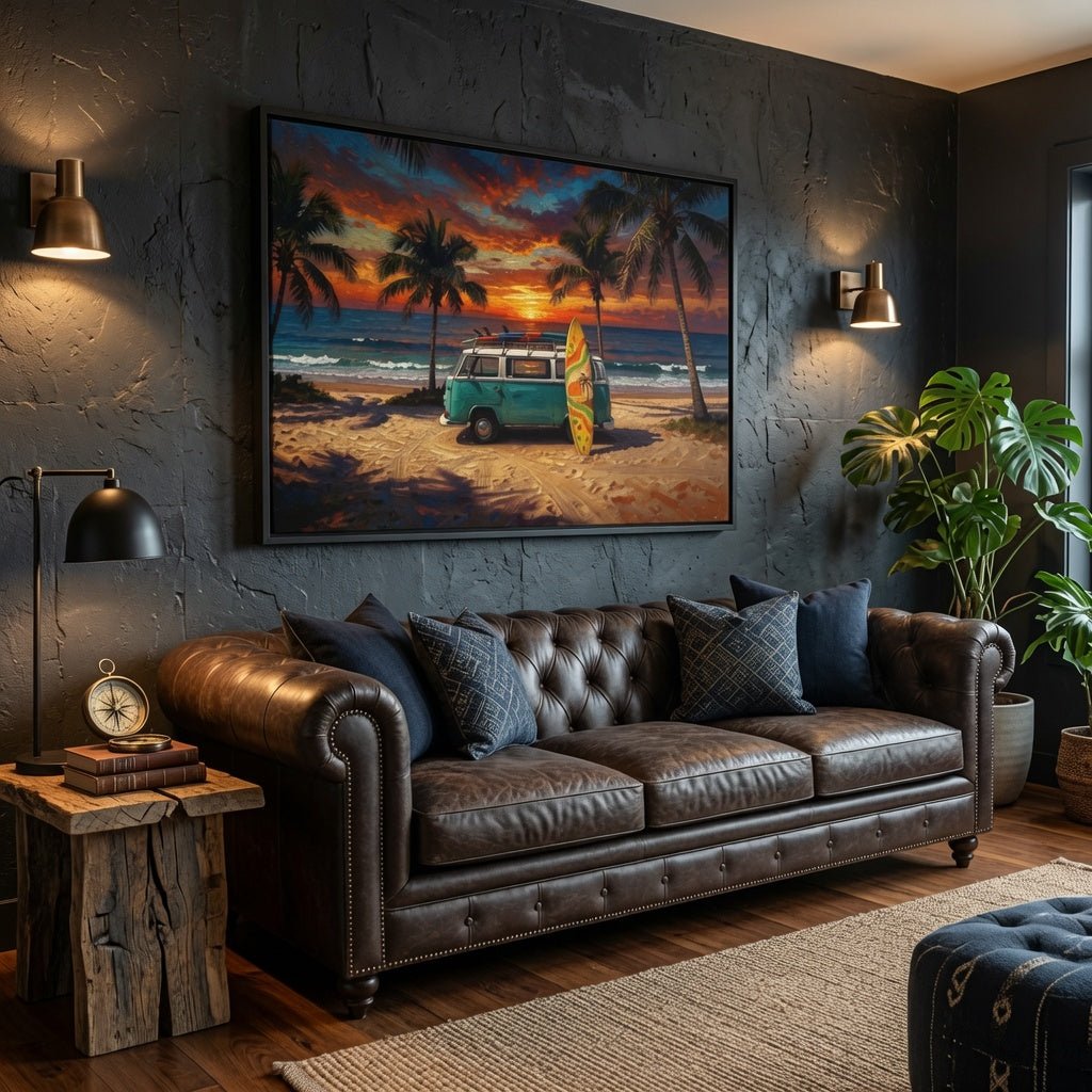 Framed beach canvas print with teal van, surfboard, and palm trees over ocean sunset
