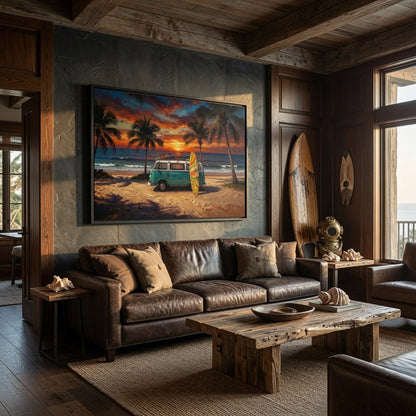 Framed beach canvas print featuring a teal van, surfboard, and fiery sunset palms