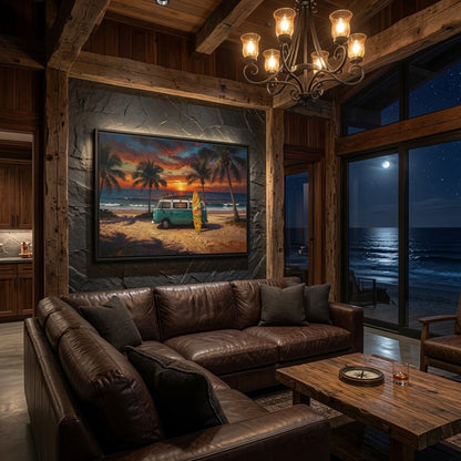 Framed beach sunset van canvas wall art with palm trees and surfboard illustration