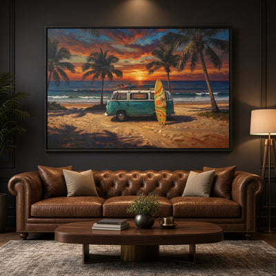 Black framed beach canvas wall art featuring teal van, surfboard, and glowing horizon