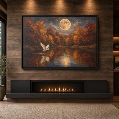 Framed canvas wall art of an autumn river scene under a bright moon with a white bird.