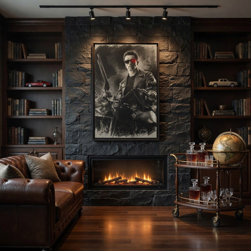 Framed matte canvas wall art featuring monochrome skull-faced figure with red eye