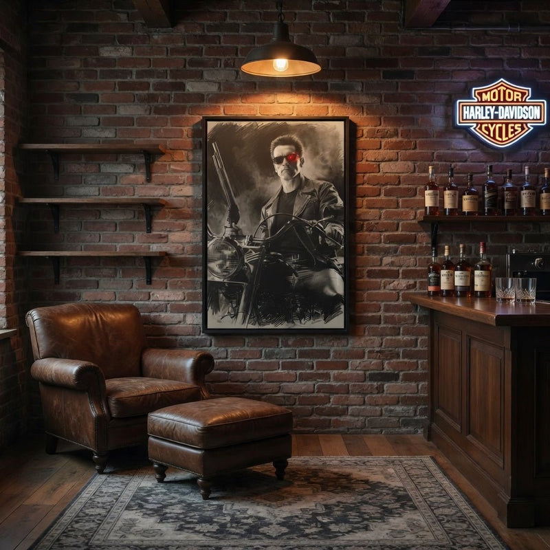 Framed matte canvas wall art: grayscale cyborg portrait with red eye and motorcycle
