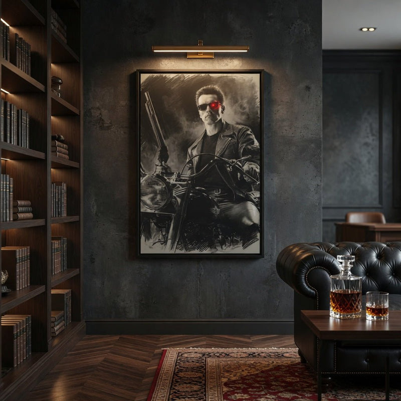 Framed matte canvas wall art showing grayscale cyborg figure with red eye