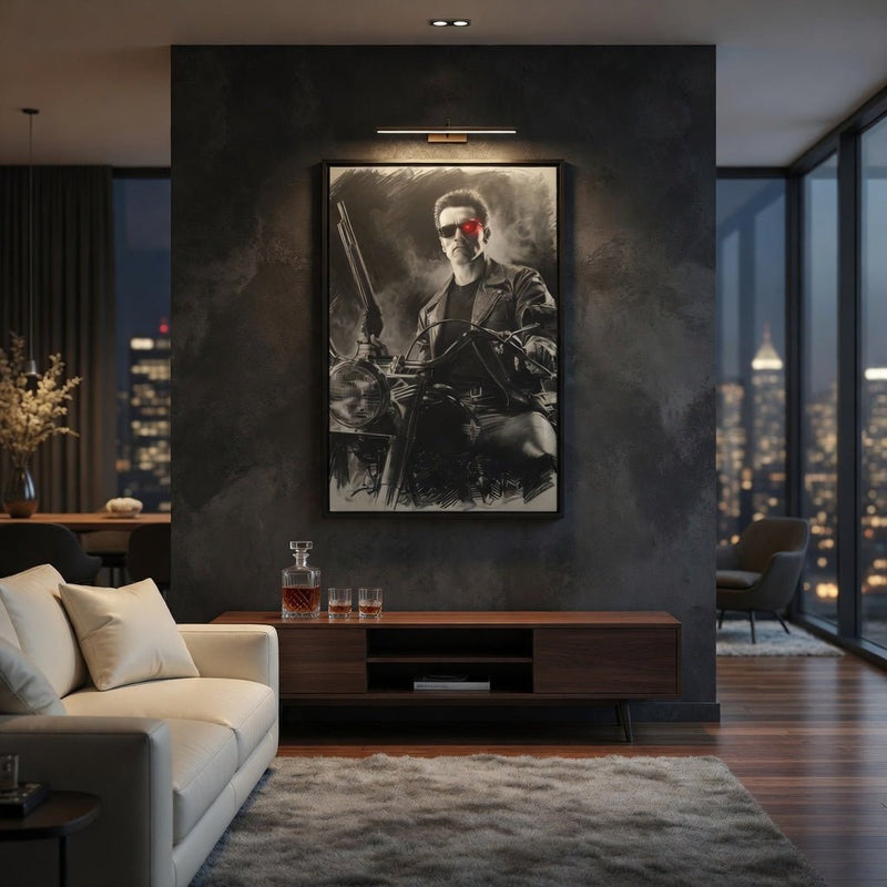 Framed matte canvas wall art: grayscale cyborg portrait on motorcycle, red eye