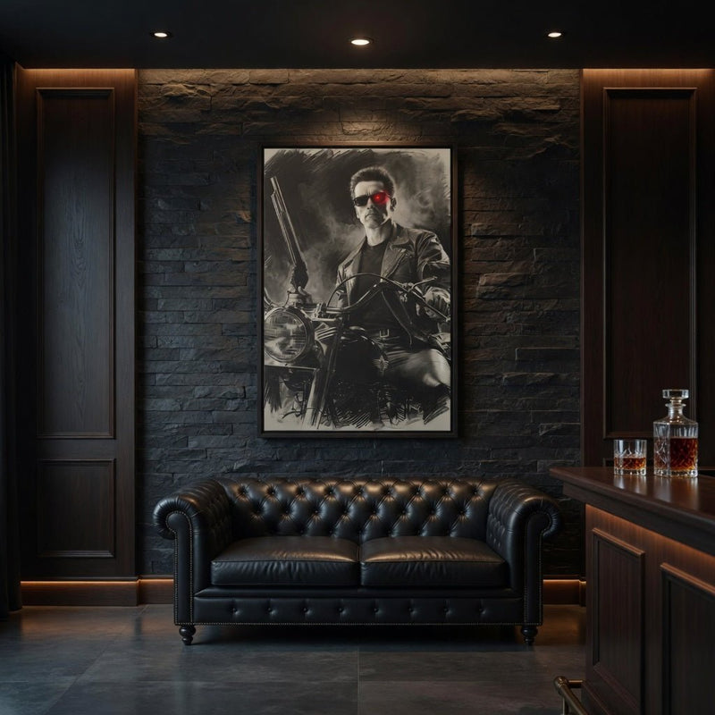 Framed matte canvas wall art featuring grayscale cyborg portrait with red eye